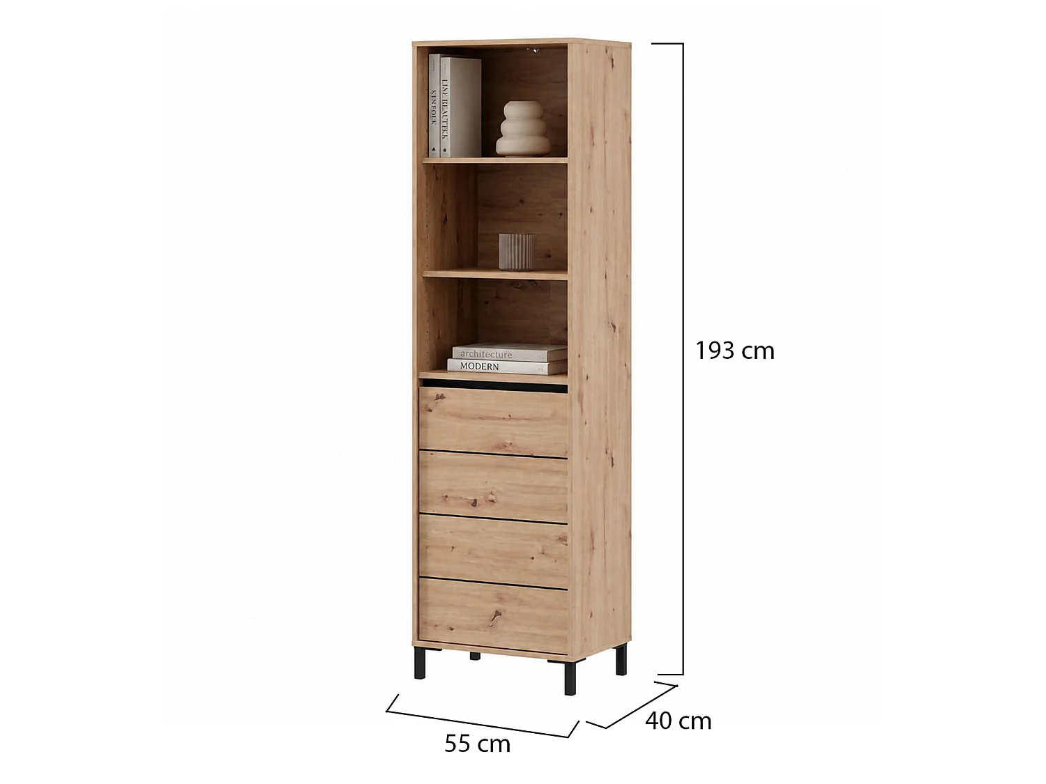 Vetrina Calto, 4 Ripiani, 55x40x193h cm Marrone Rovere Nodi, Mobile Espositore, Un'anta, con Piedini