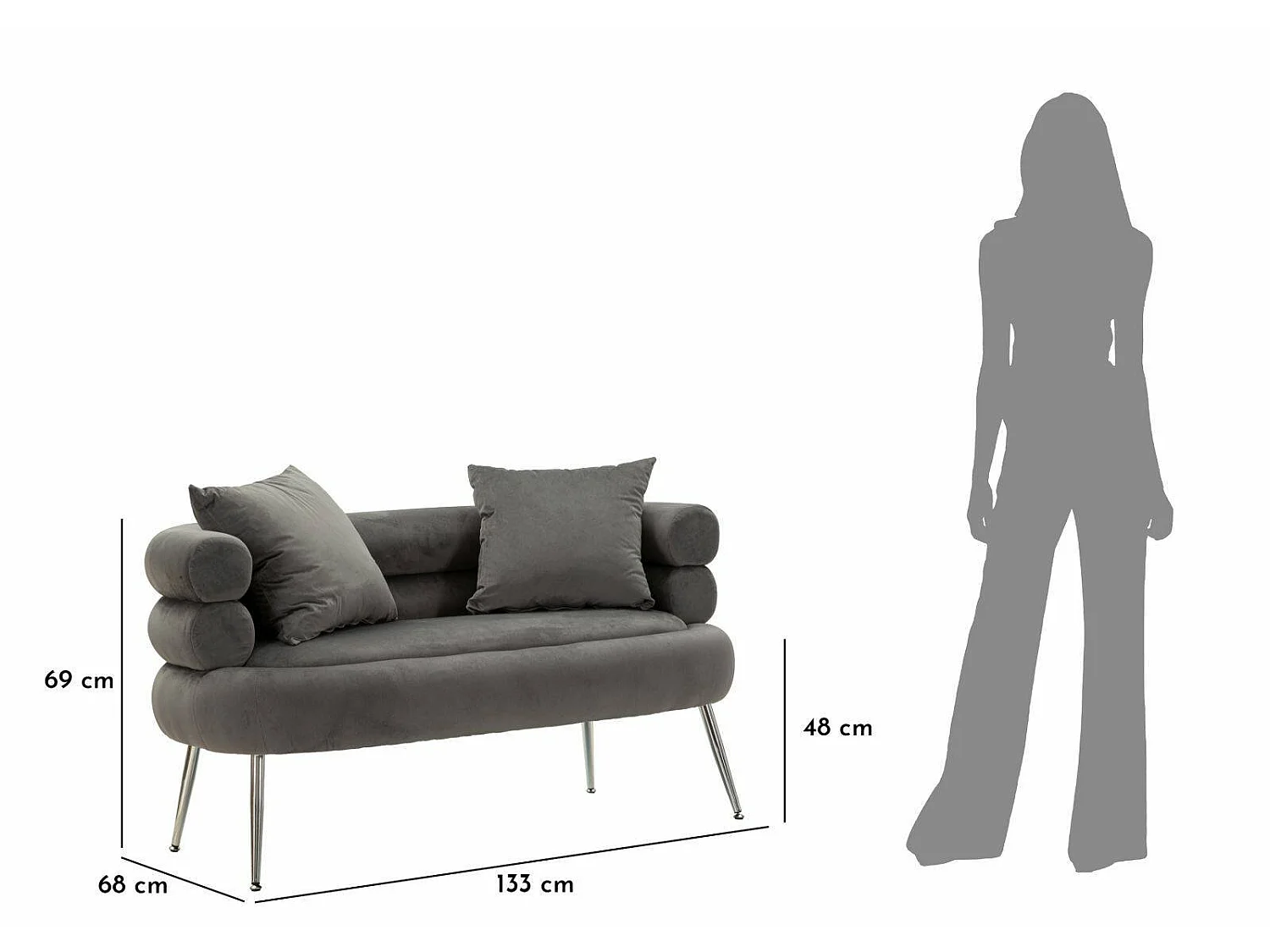 Sofa Fixe 2 Places Casier, 2 Coussins Inclus, 68x133x69h cm Gris
