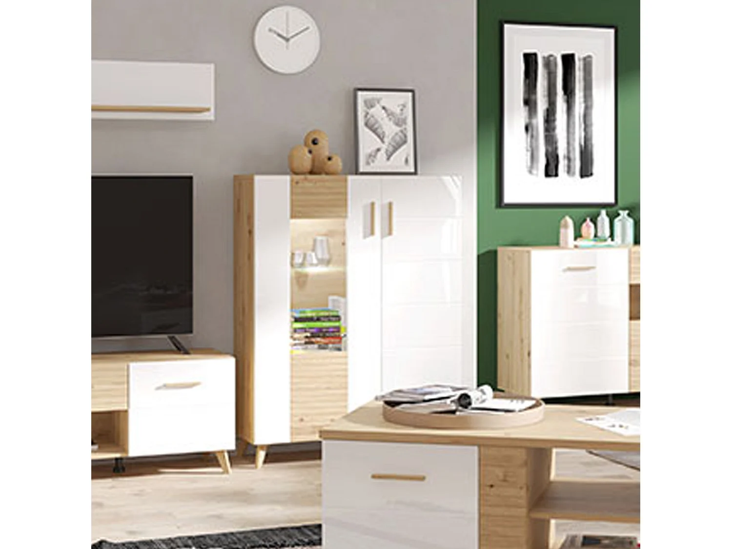 Vitrine Cetona, 4 Böden, 96x35x126 cm, Braun Eiche Knoten, Aussteller, Flügeltüren, 2 Türen
