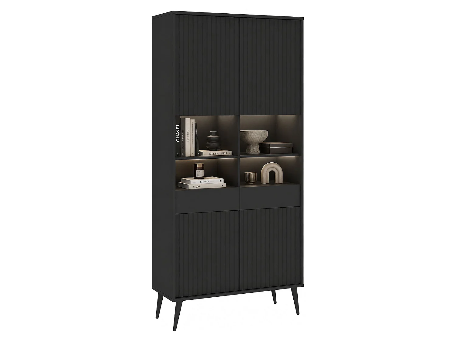 Vetrina Lenega, 6 Ripiani, 91x40x193h cm Nero, Mobile Espositore, 2 Ante, 2 Riapiani in Vetro