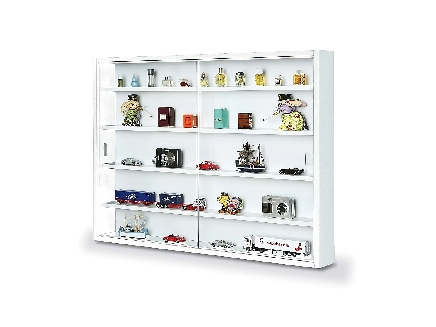 Vetrina Oulx, 4 Ripiani, 60x80x10h cm Bianco, Mobile Espositore, 2 Ante, 5 Vani