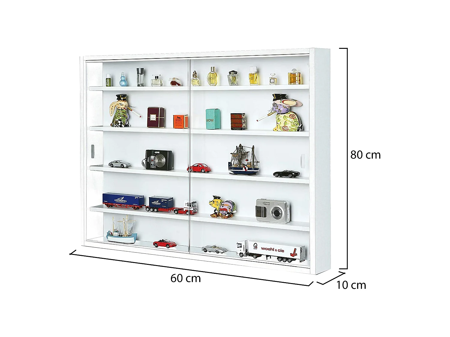 Vetrina Oulx, 4 Ripiani, 60x80x10h cm Bianco, Mobile Espositore, 2 Ante, 5 Vani