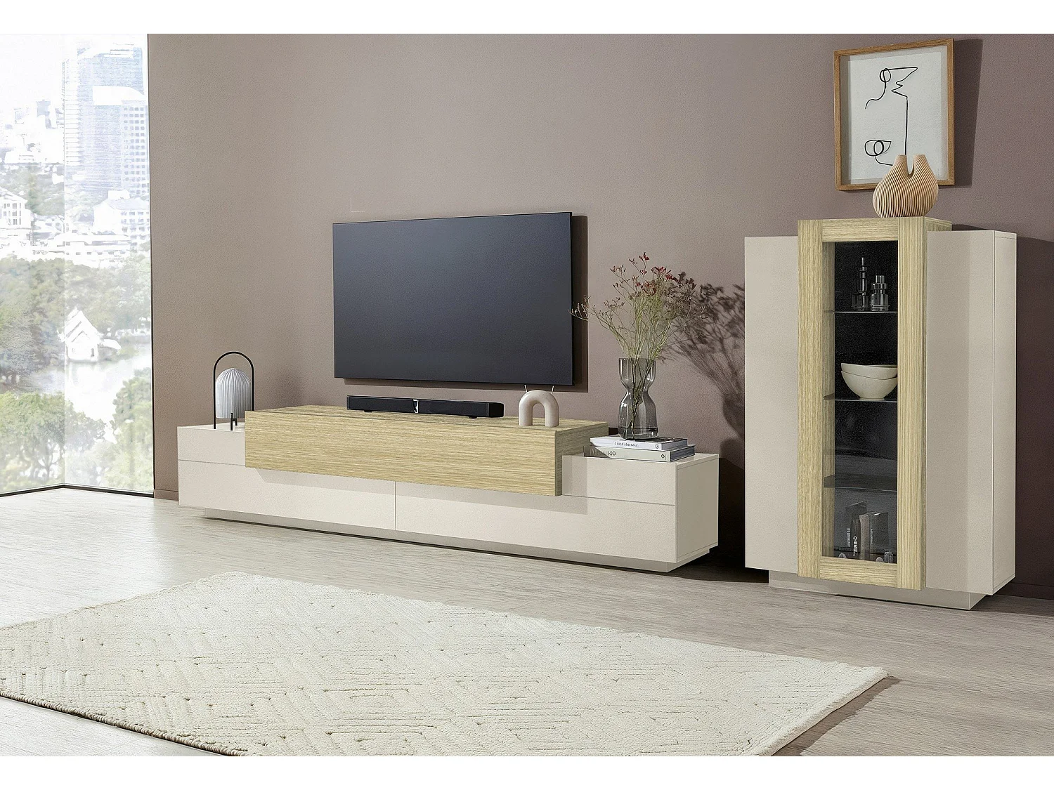 Severino Vitrine, 7 Regalböden, Made in Italy, 80x38x121h cm Beige, Ausstellmöbel, 3 Türen, 10 Fächer