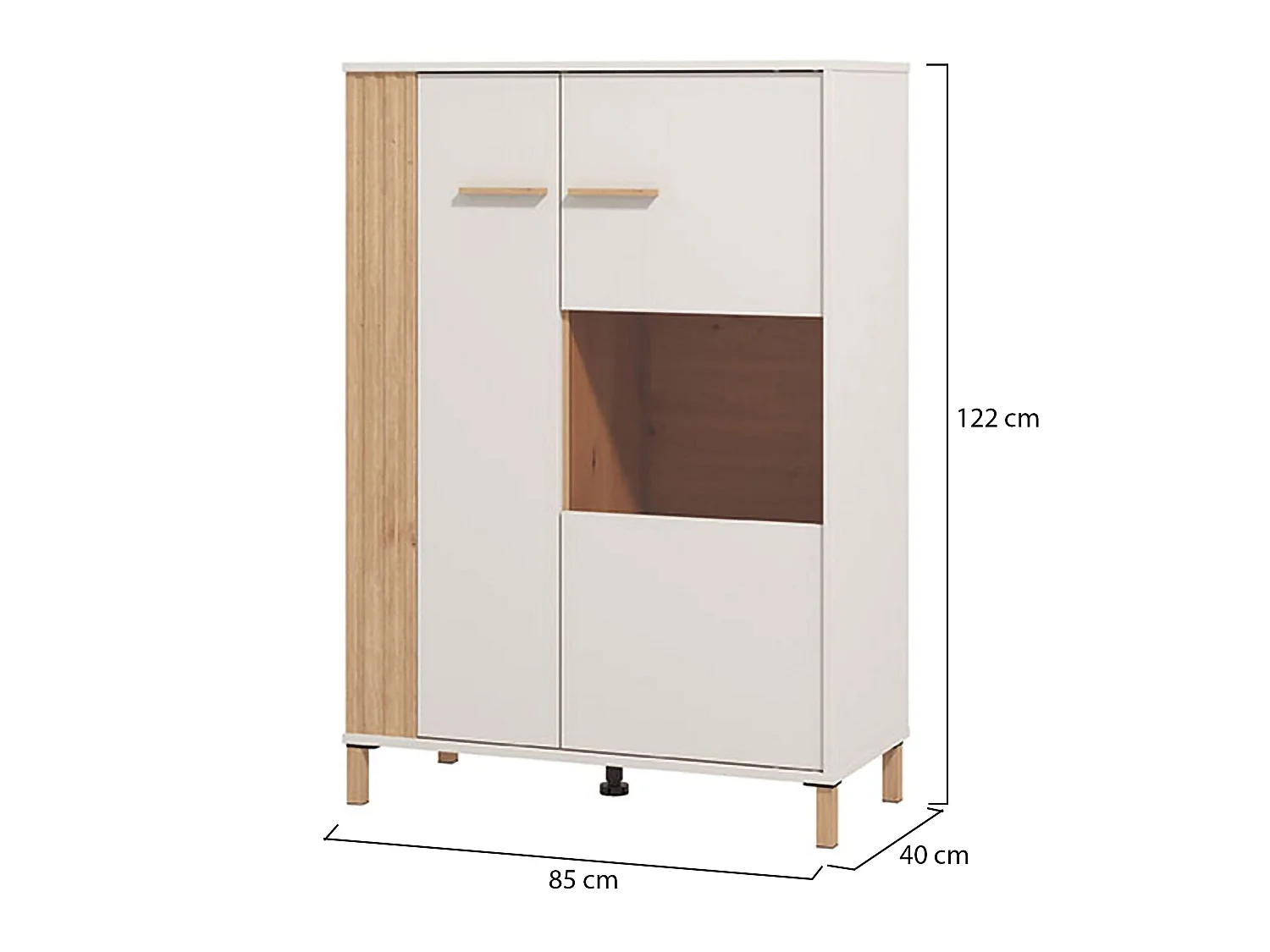 Vitrine Orune, 4 Ablagen, 85x40x122h cm, Eiche Knoten Braun, Präsentationsschrank, Drehtüröffnung, 2 Türen