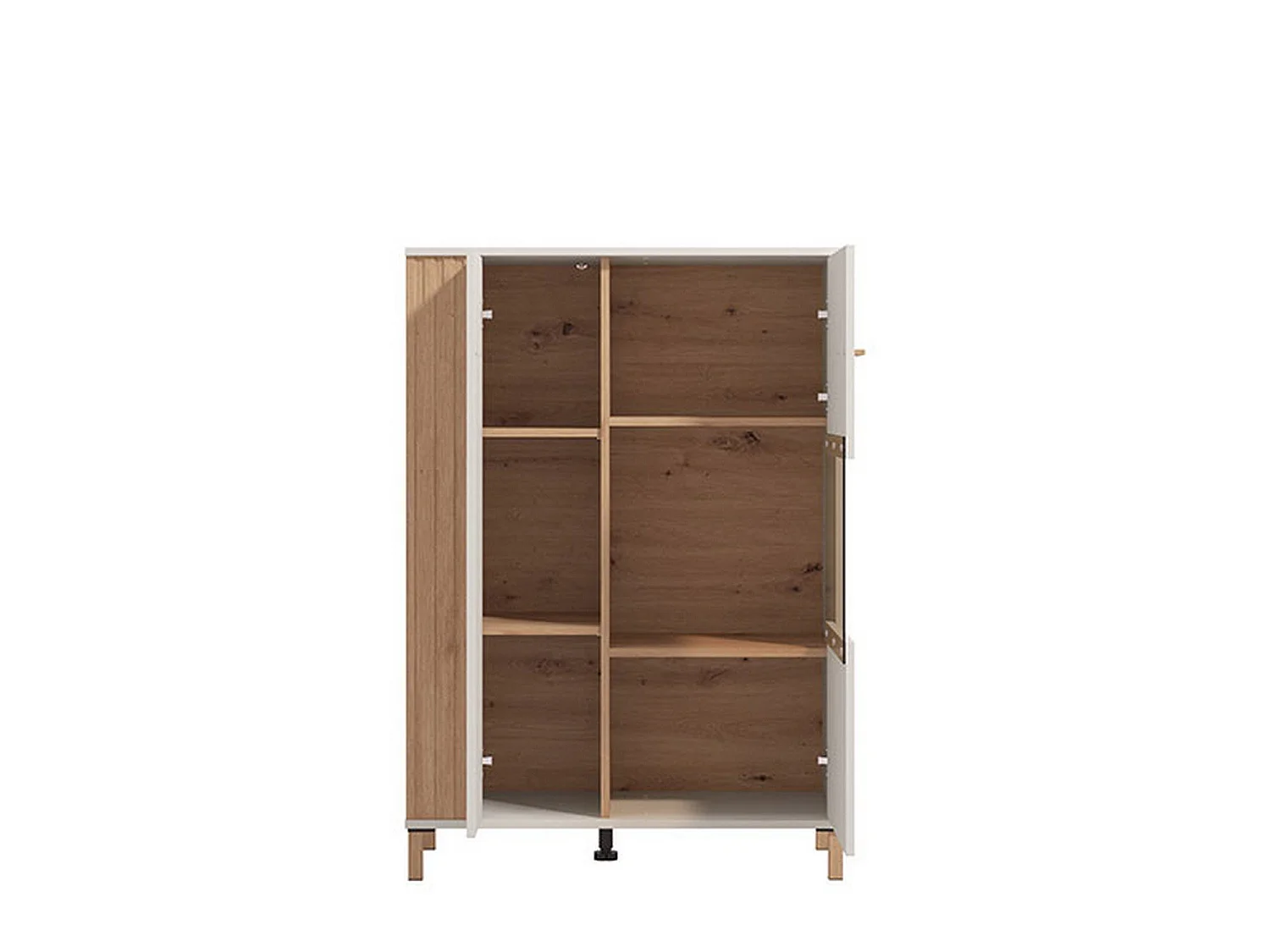 Vitrine Orune, 4 Ablagen, 85x40x122h cm, Eiche Knoten Braun, Präsentationsschrank, Drehtüröffnung, 2 Türen