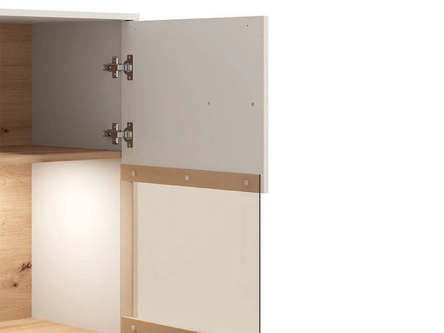 Vitrine Orune, 4 Ablagen, 85x40x122h cm, Eiche Knoten Braun, Präsentationsschrank, Drehtüröffnung, 2 Türen
