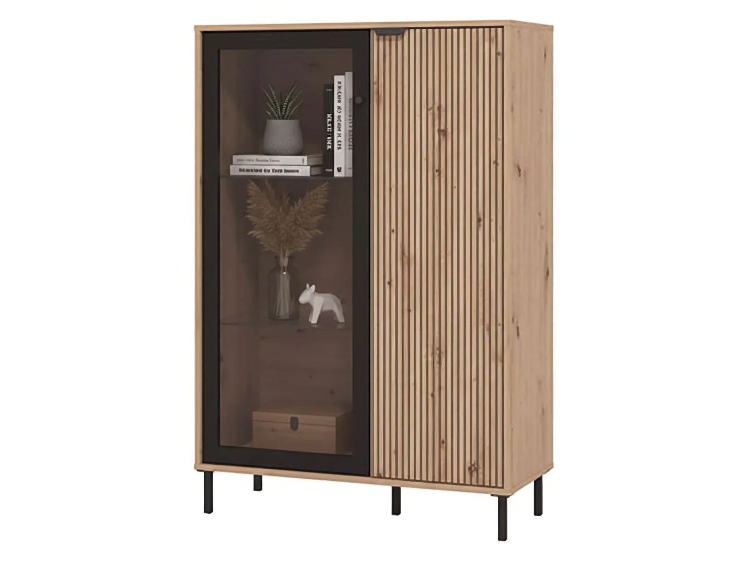 Schaukasten Elva, 5 Böden, 93x40x138h cm Eiche Braun, Ausstellermöbel, Schwingtüren, 2 Türen