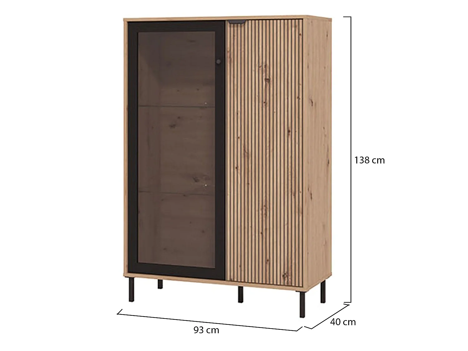 Schaukasten Elva, 5 Böden, 93x40x138h cm Eiche Braun, Ausstellermöbel, Schwingtüren, 2 Türen