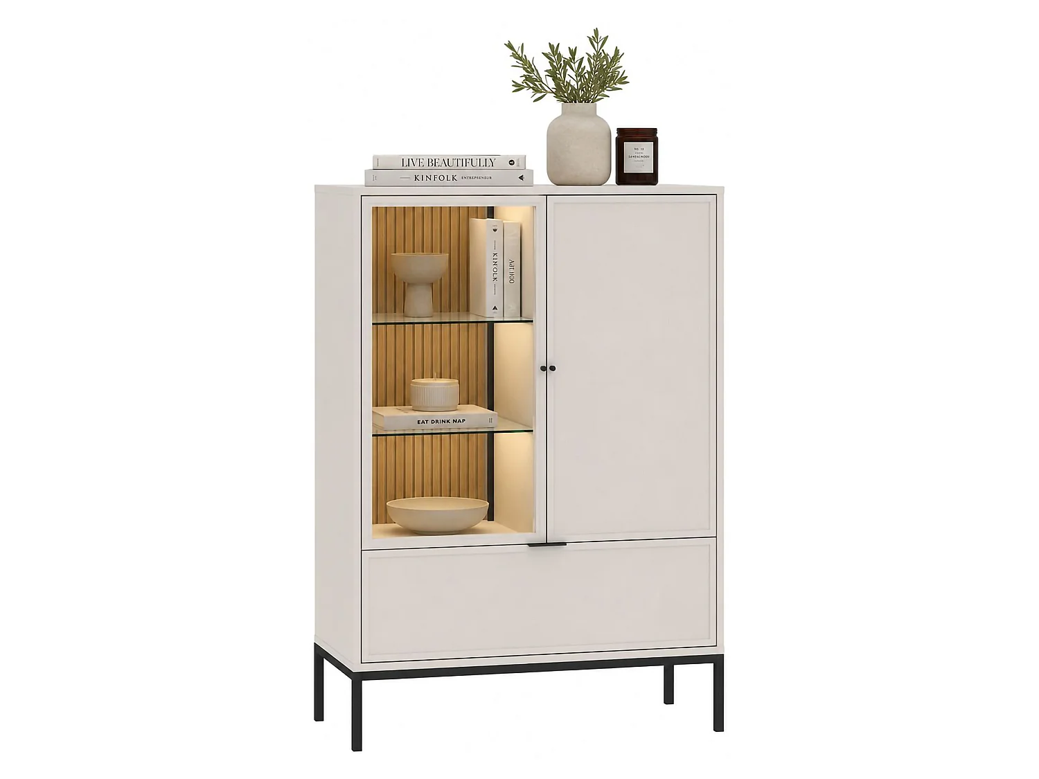 Vetrina Lolamaha, 3 Ripiani, 76x40x116h cm Beige, Mobile Espositore, un Cassetto, 2 Ante