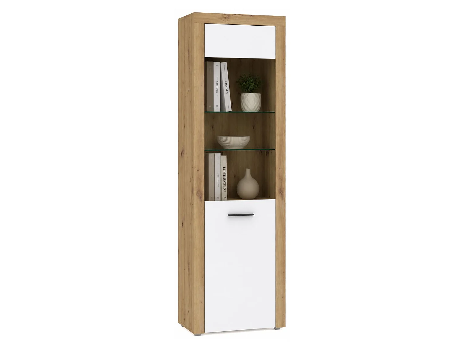 Vetrina Lohalime, 5 Ripiani, 65x42x192h cm Bianco, Mobile Espositore, Un'anta, Anta e Ripiani Dettaglio Vetro led non Inclusi