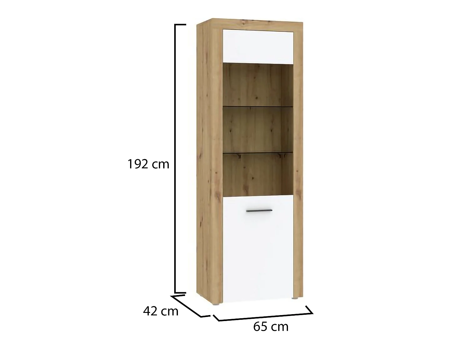 Vetrina Lohalime, 5 Ripiani, 65x42x192h cm Bianco, Mobile Espositore, Un'anta, Anta e Ripiani Dettaglio Vetro led non Inclusi