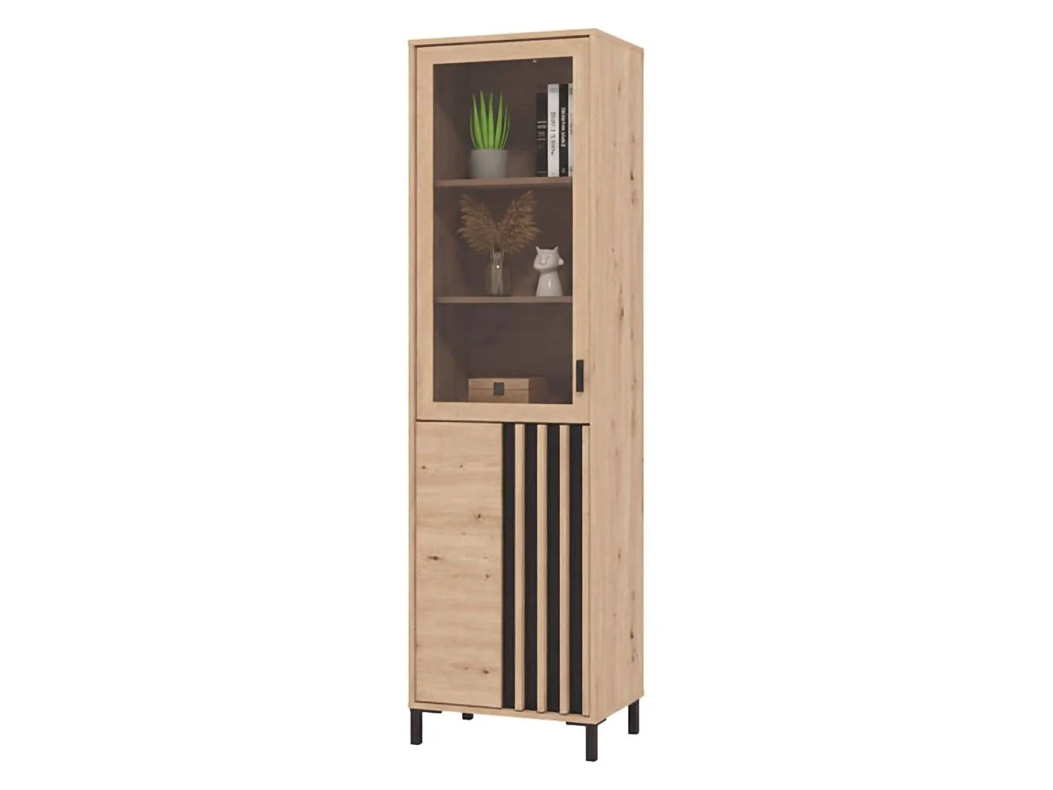 Schaukasten Senis, 4 Regale, 55x40x193h cm Eiche Braun Knoten, Vitrinenschrank, Anschlagtüren, 2 Türen