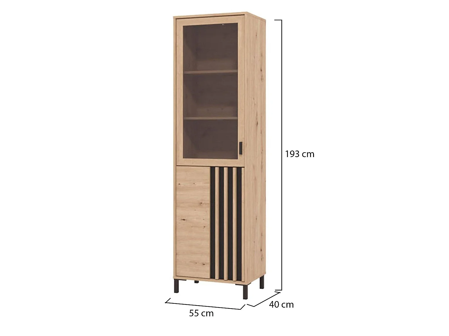 Schaukasten Senis, 4 Regale, 55x40x193h cm Eiche Braun Knoten, Vitrinenschrank, Anschlagtüren, 2 Türen