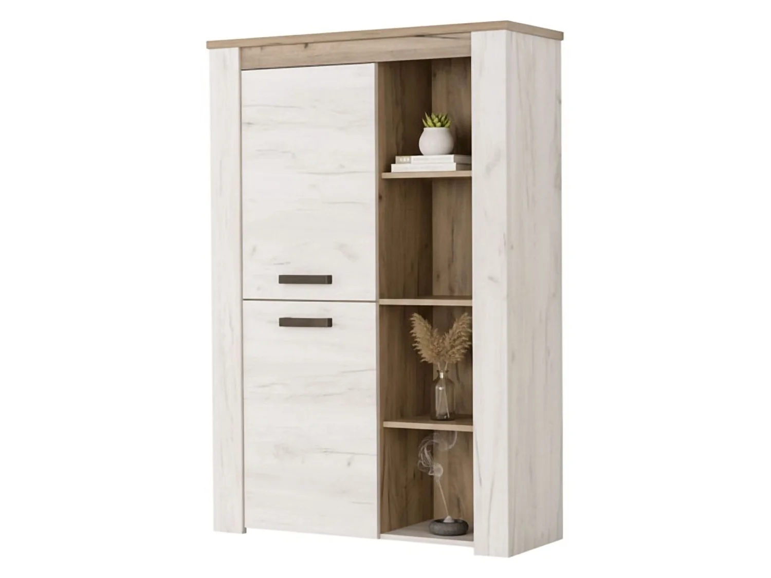 Sagama Vitrine, 6 Böden, 100x37x147h cm Weiß Lärche, Ausstellungsregal, Drehtür, 2 Türen