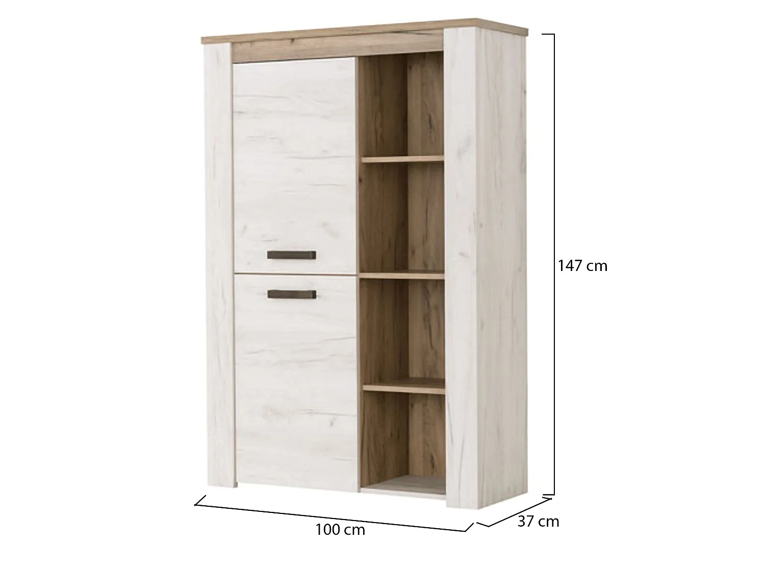 Sagama Vitrine, 6 Böden, 100x37x147h cm Weiß Lärche, Ausstellungsregal, Drehtür, 2 Türen