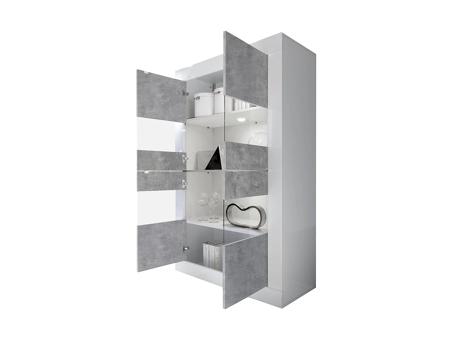 Vetrina Suzzara, 3 Ripiani Made in Italy, 101x42x161h cm Bianco Lucido, Mobile Espositore, 2 Ante, 4 Vani