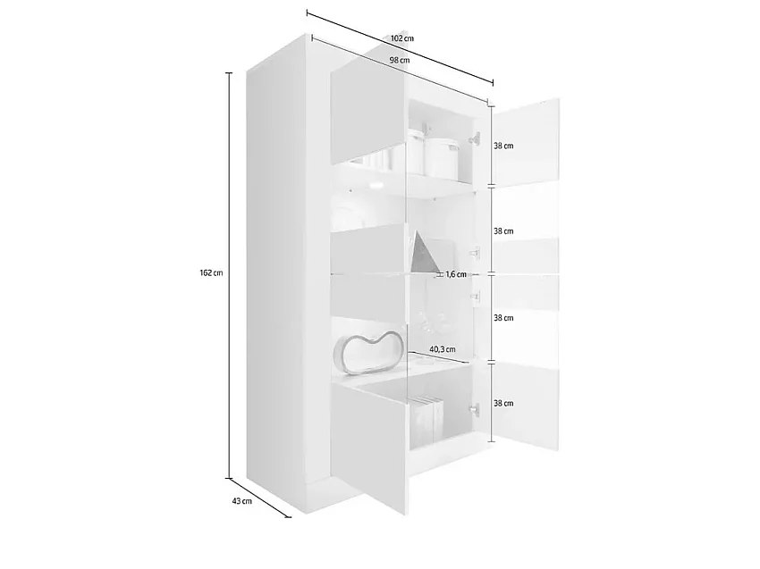 Vetrina Suzzara, 3 Ripiani Made in Italy, 101x42x161h cm Bianco Lucido, Mobile Espositore, 2 Ante, 4 Vani