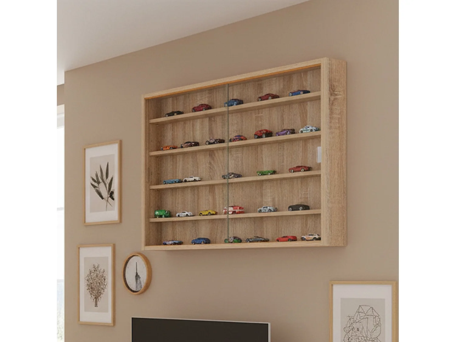 Vitrine Dmoran, 4 étagères, 80x60x9,5h cm Chêne Marron, Meuble Exposition
