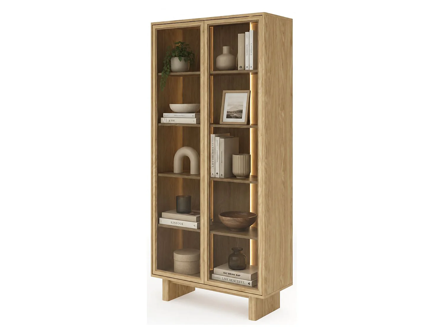 Vitrine Hasa, 4 Regale, 94x38x195h cm Eiche Braun, Ausstellungsschrank, 2 Türen, mit LED
