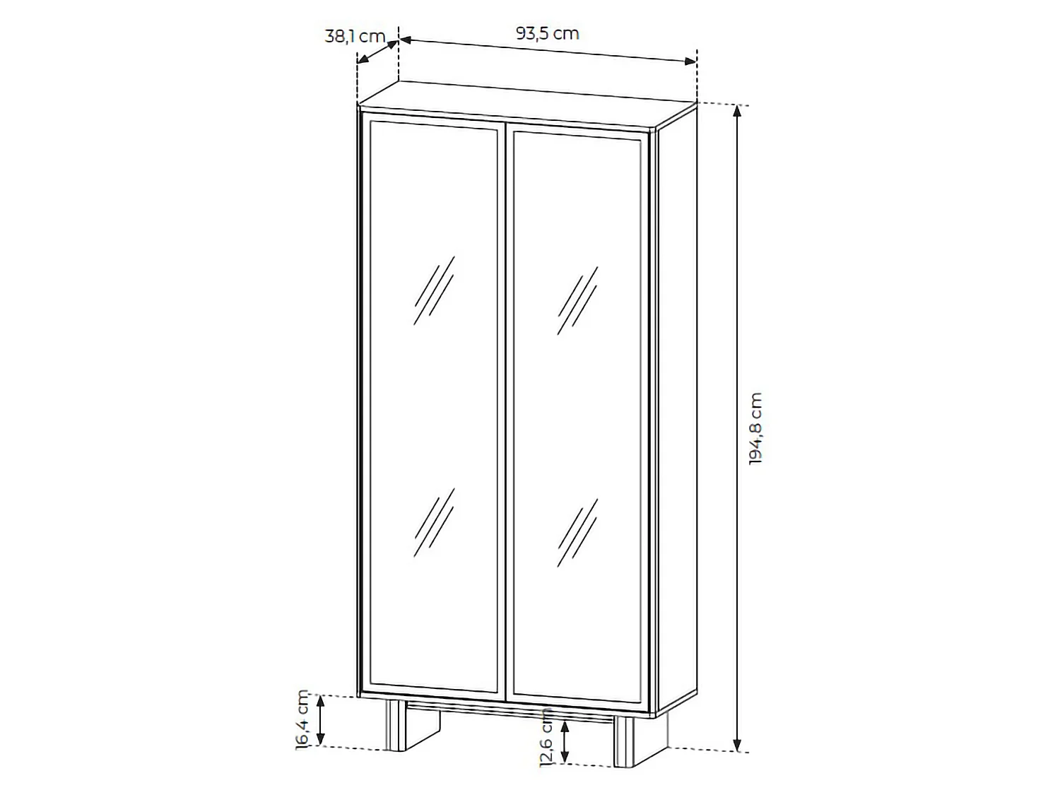 Vitrine Hasa, 4 Regale, 94x38x195h cm Eiche Braun, Ausstellungsschrank, 2 Türen, mit LED
