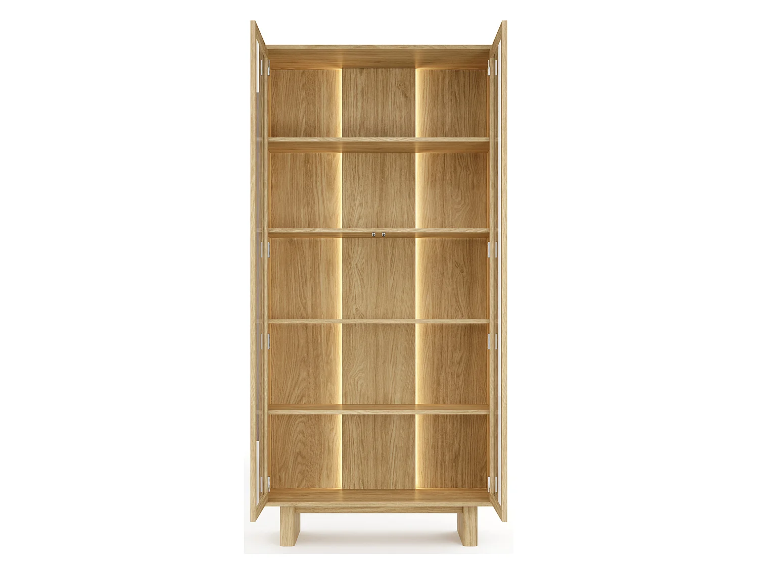 Vitrine Hasa, 4 Regale, 94x38x195h cm Eiche Braun, Ausstellungsschrank, 2 Türen, mit LED