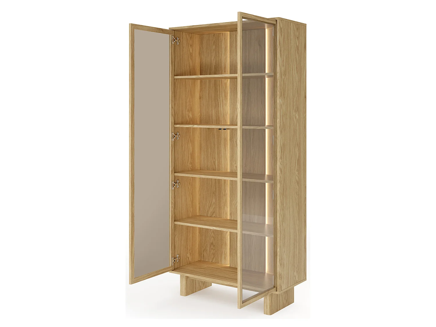 Vitrine Hasa, 4 Regale, 94x38x195h cm Eiche Braun, Ausstellungsschrank, 2 Türen, mit LED