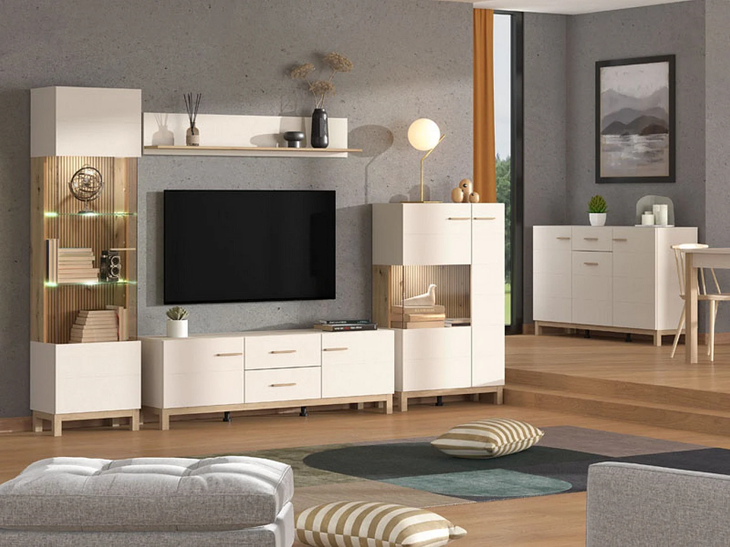 Vitrine Mezzago, 2 Ablagen, 77x35x128h cm Beige, Präsentationsschrank, Drehtüröffnung, 2 Türen