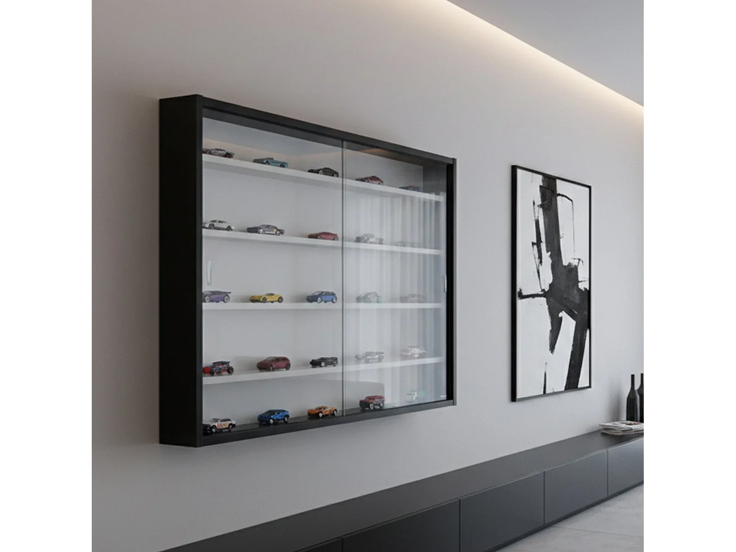 Vetrina Cumiana, 4 Ripiani, 10x80x60h cm Nero, Mobile Espositore, 2 Ante, 5 Vani