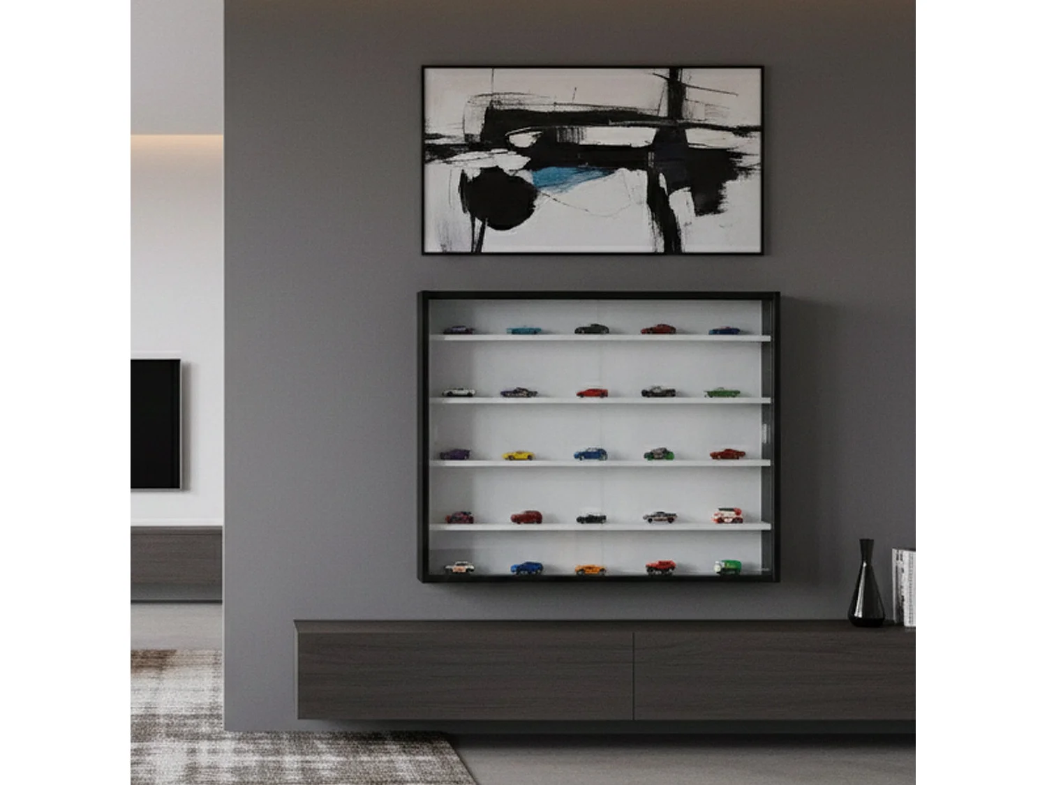 Vetrina Cumiana, 4 Ripiani, 10x80x60h cm Nero, Mobile Espositore, 2 Ante, 5 Vani
