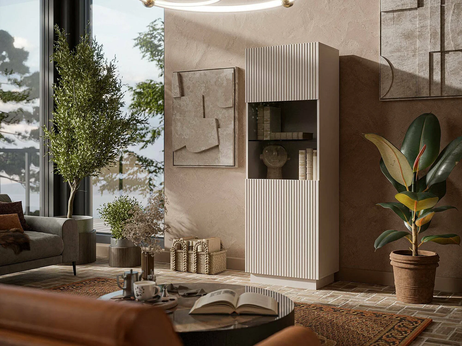 Vitrine Vadd, 4 legplanken, 60x40x178h cm beige, displaykast, 5 vakken, scharnierdeur