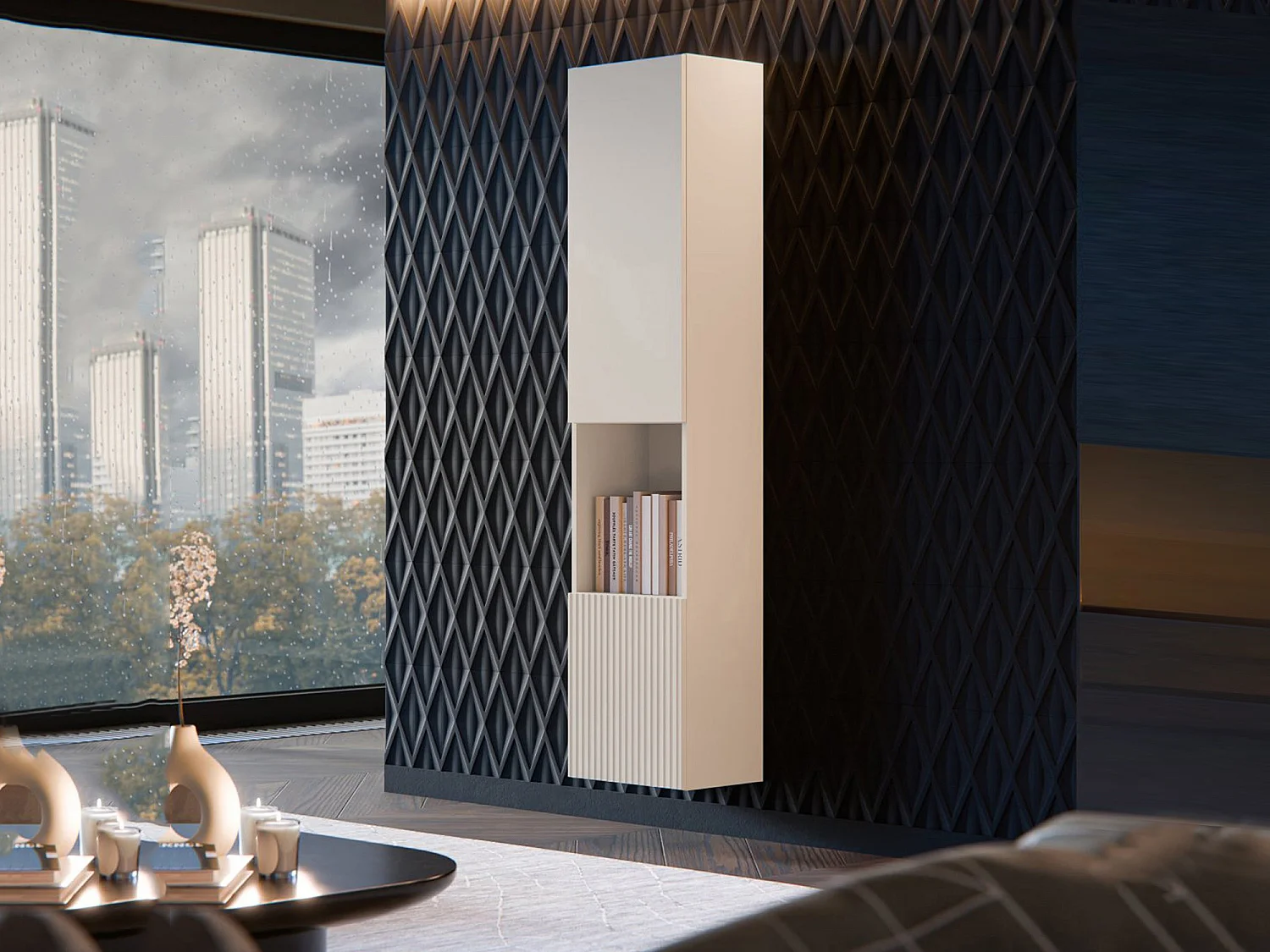 Vitrine Azere, 4 Étagères, 29,8x39,9x180h cm Beige, Meuble d'Exposition