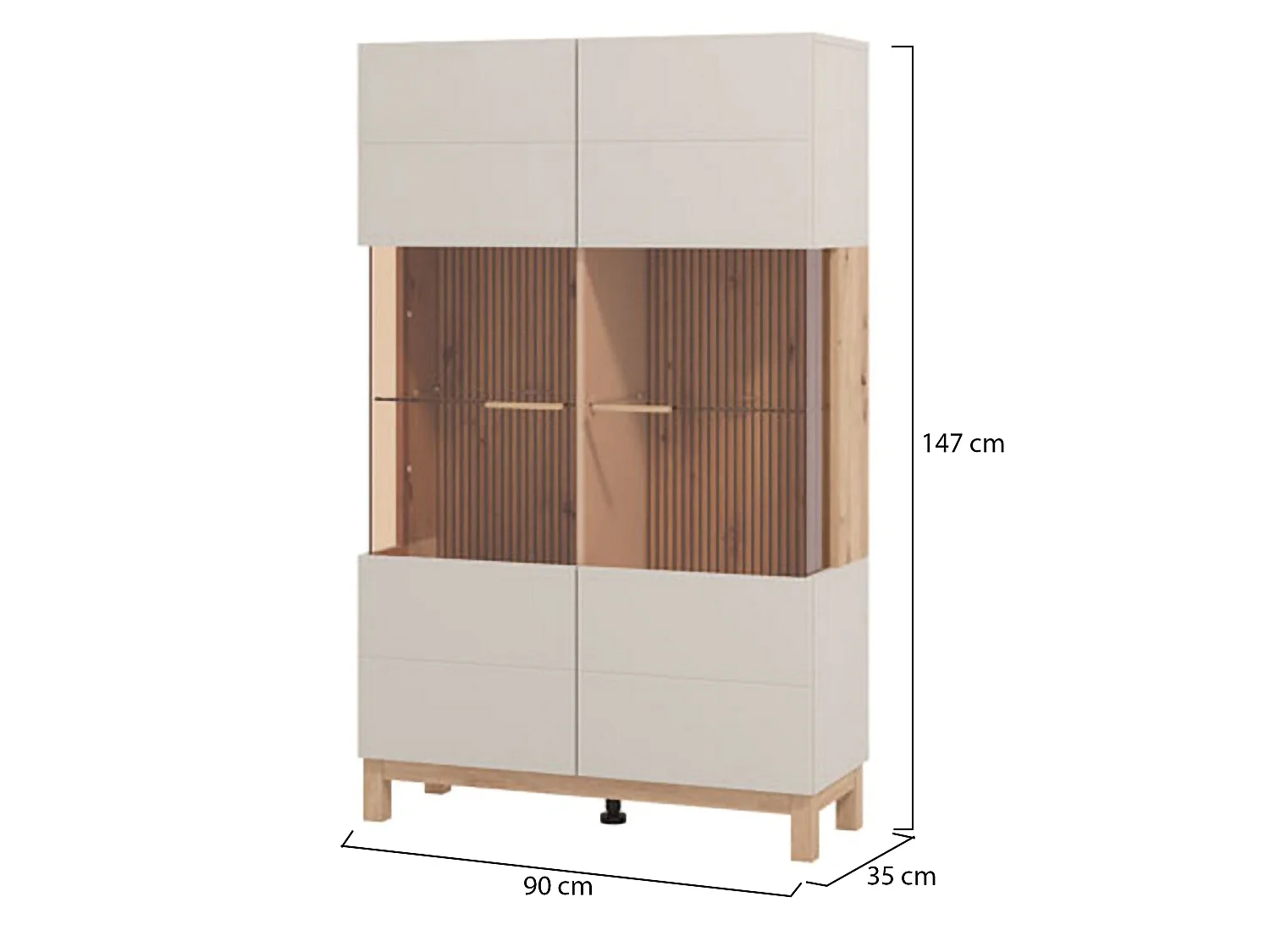 Vitrine Talla, 6 Böden, 90x35x147H cm, Beige, Ausstellschrank, Drehtüröffnung, 2 Türen