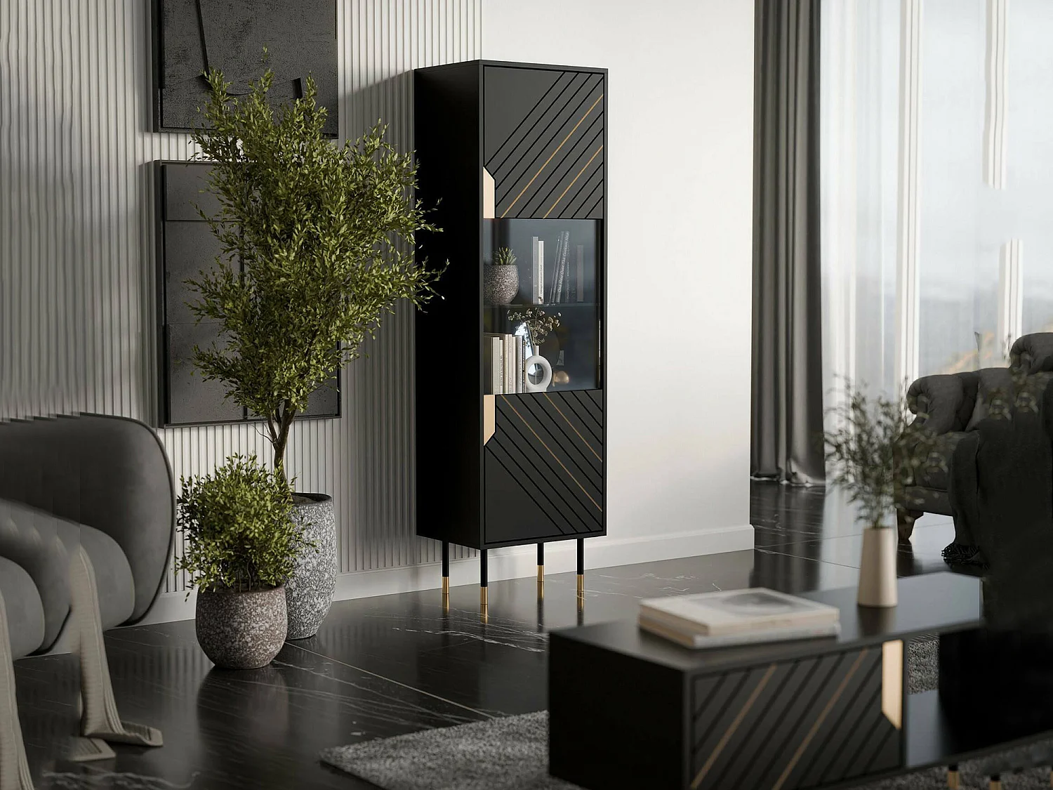 Vetrina Mamede, 4 Ripiani, 40x54x180h cm Nero, Mobile Espositore