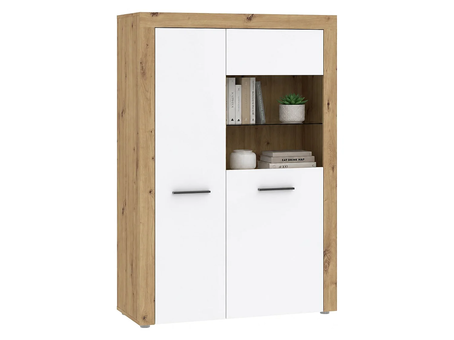 Vetrina Lohalime, 6 Ripiani, 100x42x147h cm Bianco, Mobile Espositore, 2 Ante, Anta e Ripiani Dettaglio Vetro led non Inclusi