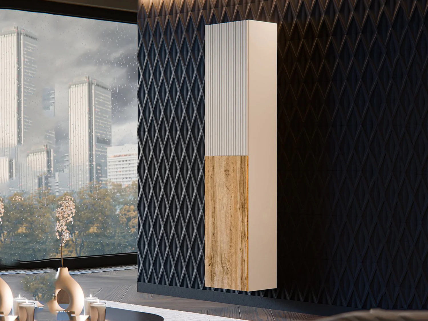 Vitrine Tabua, 4 Étagères, 29.8x39.9x180h cm Beige, Meuble Présentoir