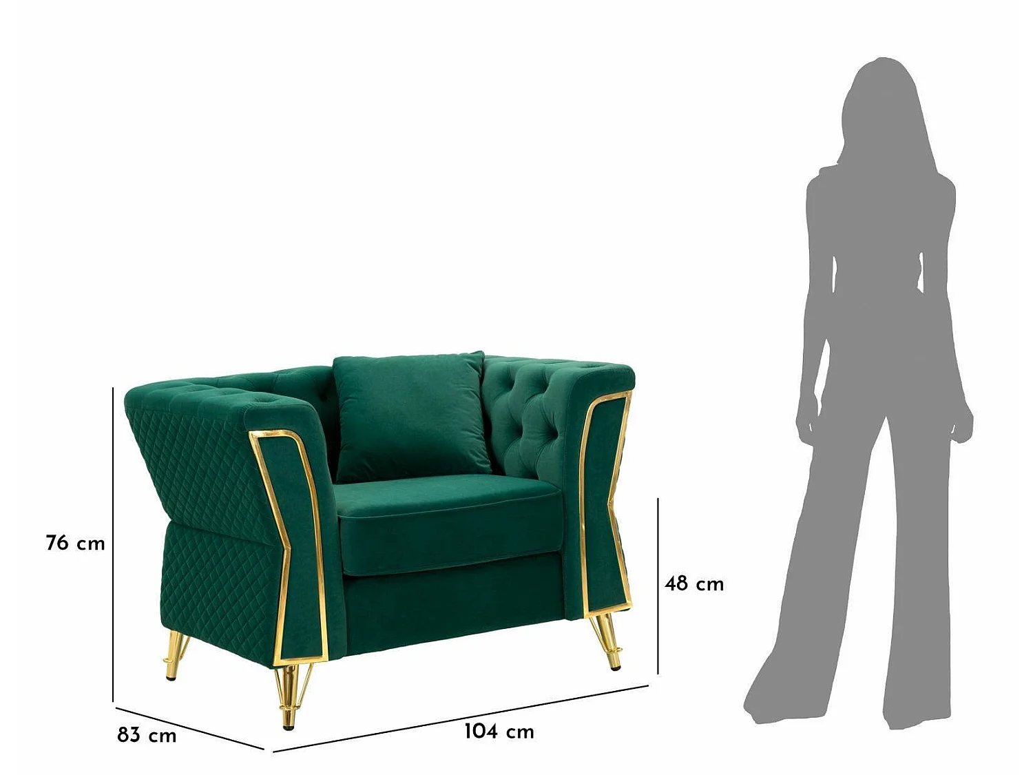 Gabbiano fauteuil, armleuningen, 104x83x76h cm groen, fauteuil, draagvermogen 200 kg, framekleur goud