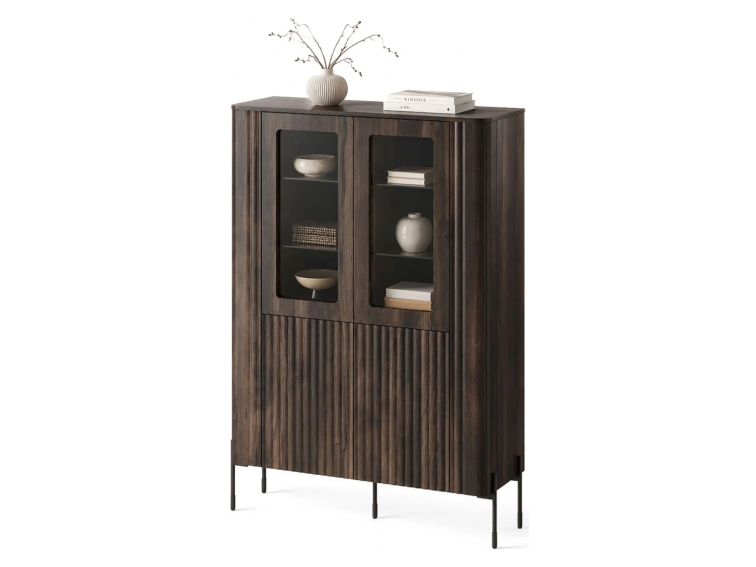 Vetrina Cimino, 8 Ripiani, 110x40x160h cm Marrone Noce, Mobile Espositore, 2 Ante, Ante Effetto Rigato