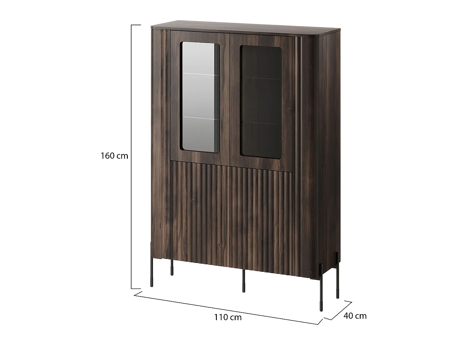 Vetrina Cimino, 8 Ripiani, 110x40x160h cm Marrone Noce, Mobile Espositore, 2 Ante, Ante Effetto Rigato