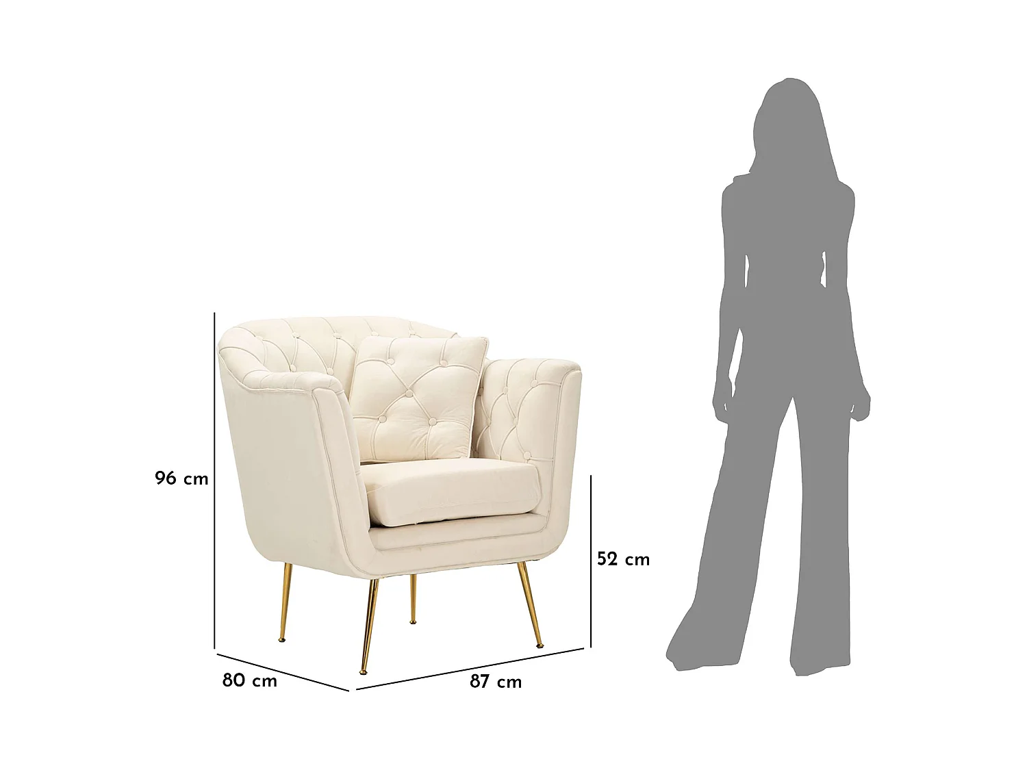 Fauteuil Turtuk, avec Coussin, 88x83x91h cm Blanc Crème, Petit Fauteuil, Accoudoirs, Nuance de Couleur Structure Crème