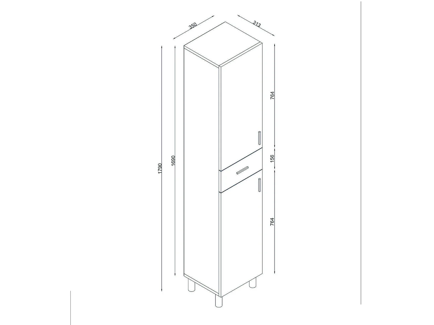 Giuddanin Säulenschrank, 4 Ablagen, 35x31x179h cm Weiß, eine Schublade, 2 Türen