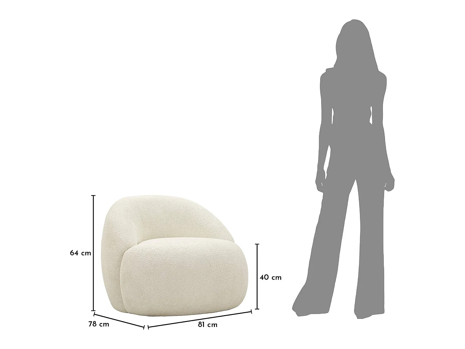 Fauteuil Nubra, Revêtement en Tissu Bouclé, 80x56x83h cm Blanc, Petit Fauteuil, Accoudoirs, Structure en Tissu
