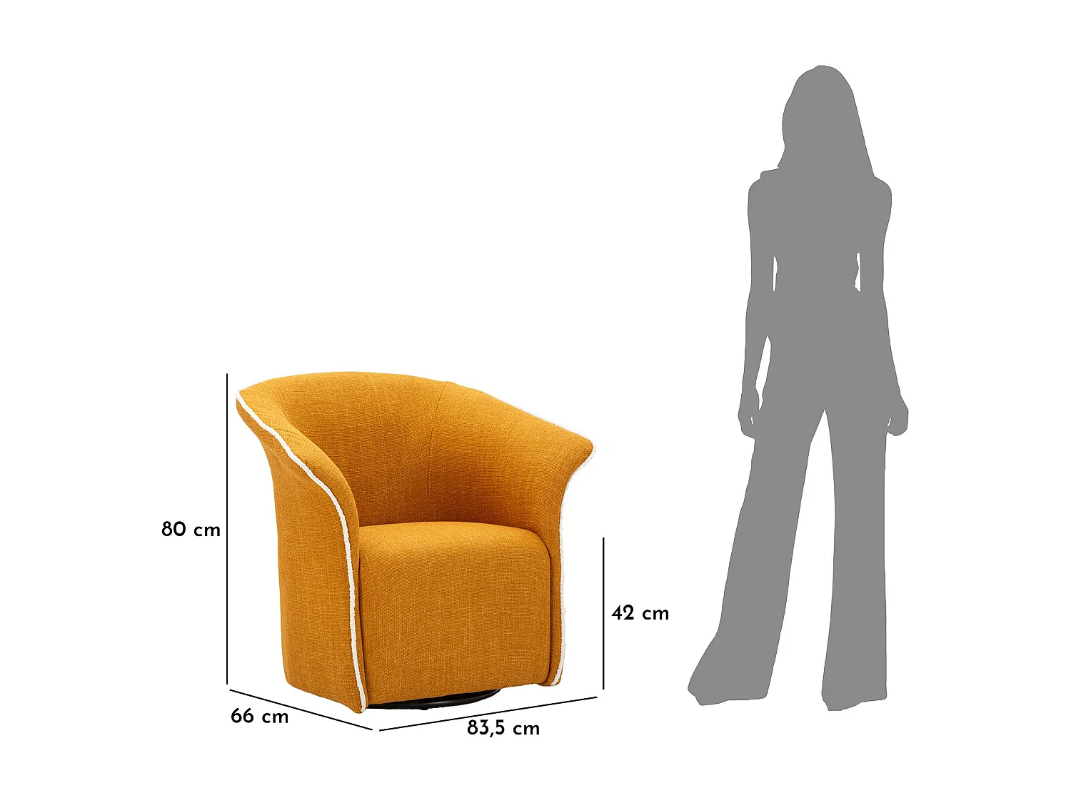 Fauteuil Toamas, Base Pivotante, 84x66x80h cm Jaune Moutarde, Petit Fauteuil avec Accoudoirs, Structure en Métal
