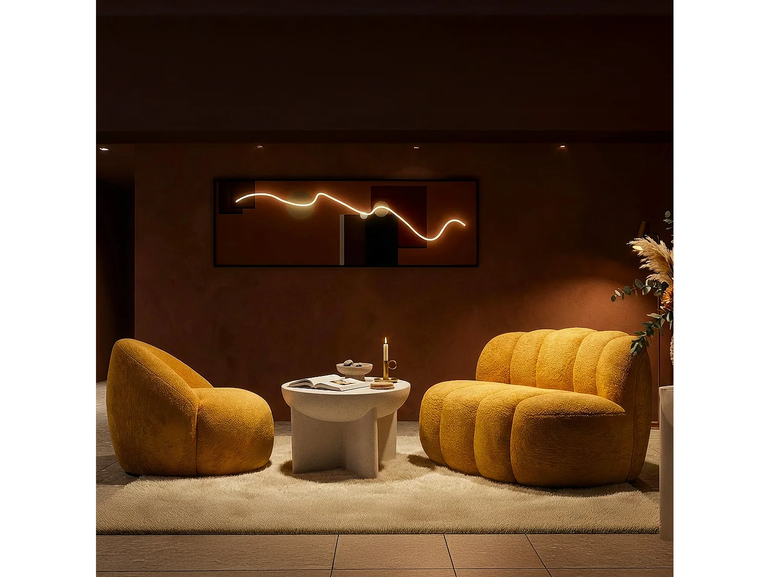 Poltrona Nubra, Rivestimento in Tessuto Bouclè, 80x56x83h cm Arancione Senape, Poltroncina, Braccioli, Materiale Struttura in Tessuto