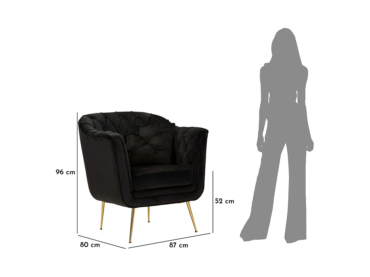Fauteuil Turtuk avec Coussin, 88x83x91h cm Noir, Petite Chaise, Accoudoirs, Structure Dorée