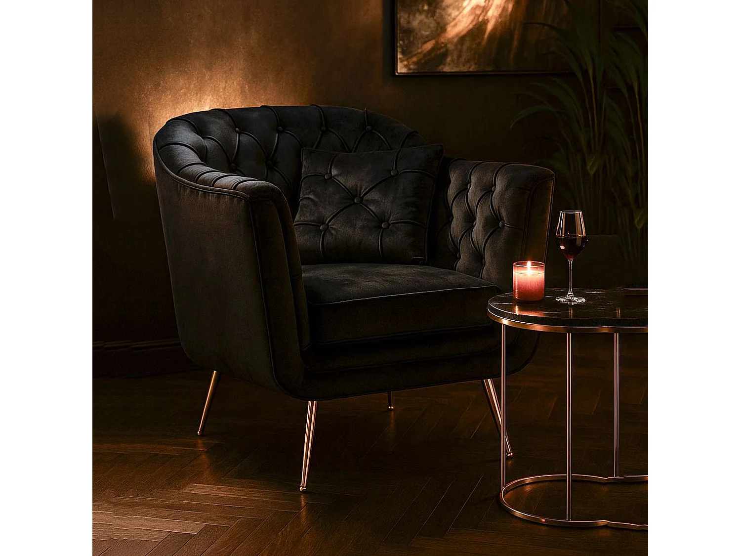 Fauteuil Turtuk avec Coussin, 88x83x91h cm Noir, Petite Chaise, Accoudoirs, Structure Dorée