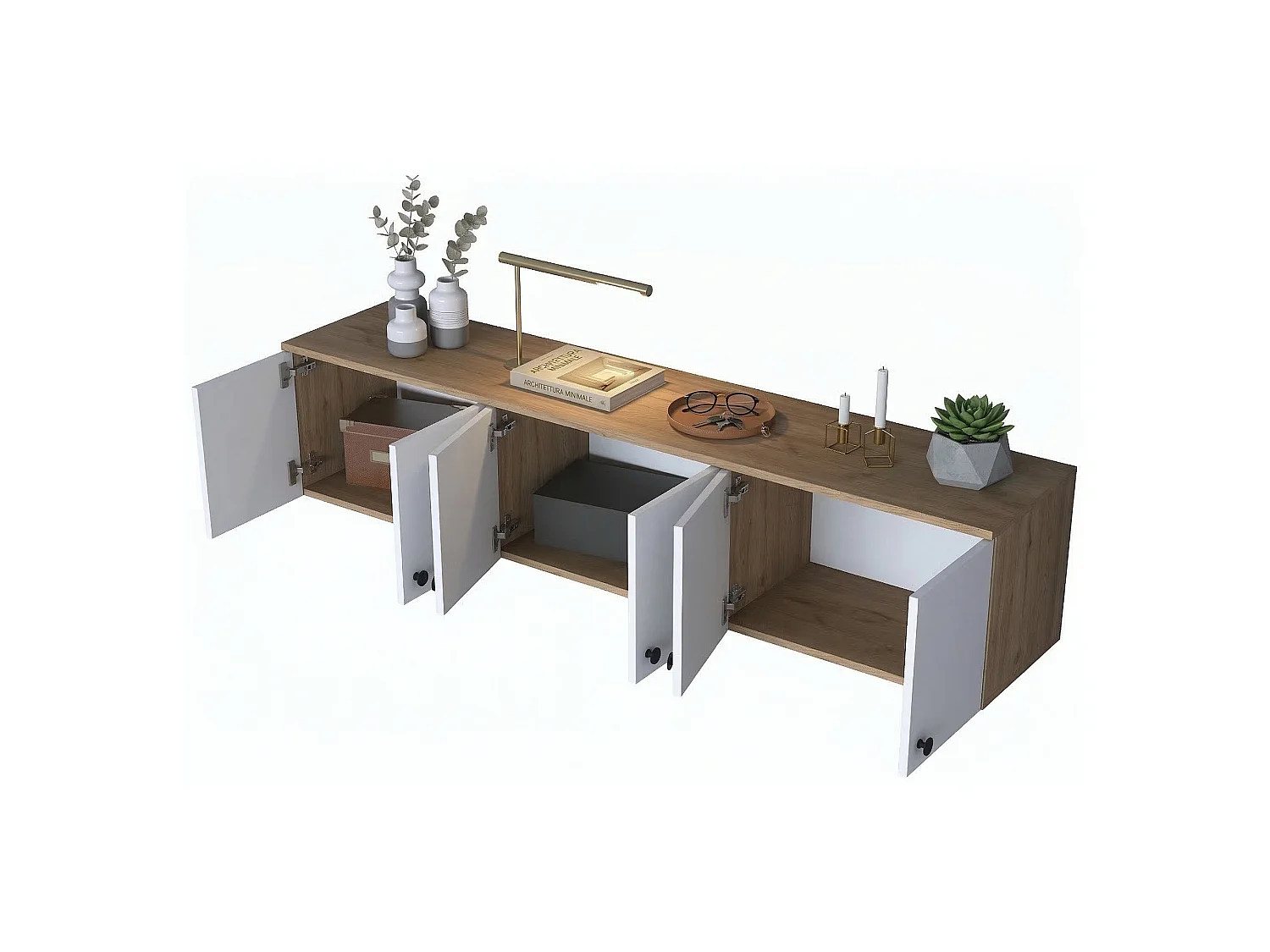 Meuble Mural Jelsi, 6 Portes, 180x44h cm Chêne Marron, 3 Compartiments, Ouverture Battante