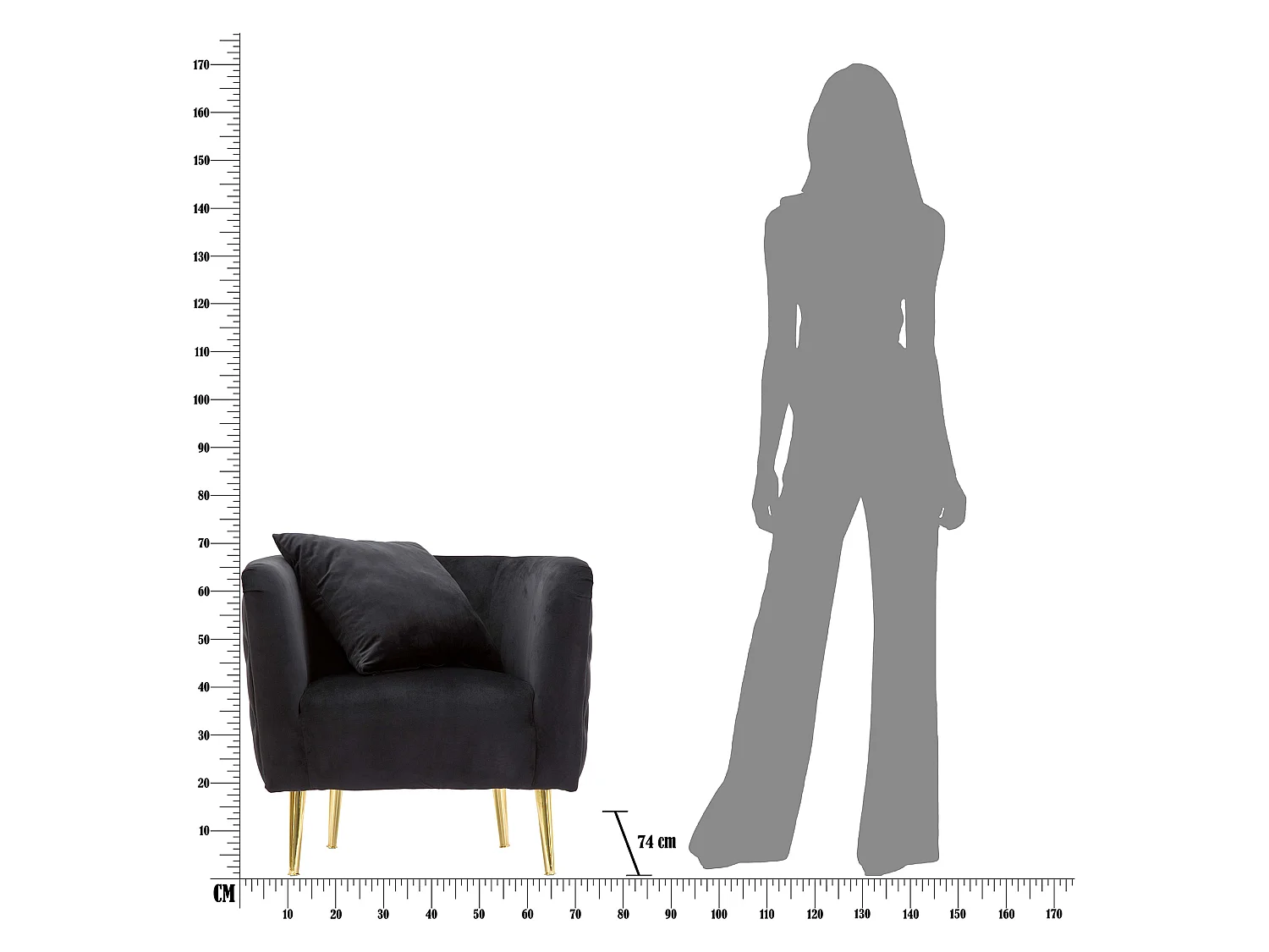 Fauteuil StIves, Revêtement Velours, 76x74x71h cm Noir, Petit Fauteuil, Accoudoirs, Structure Métal