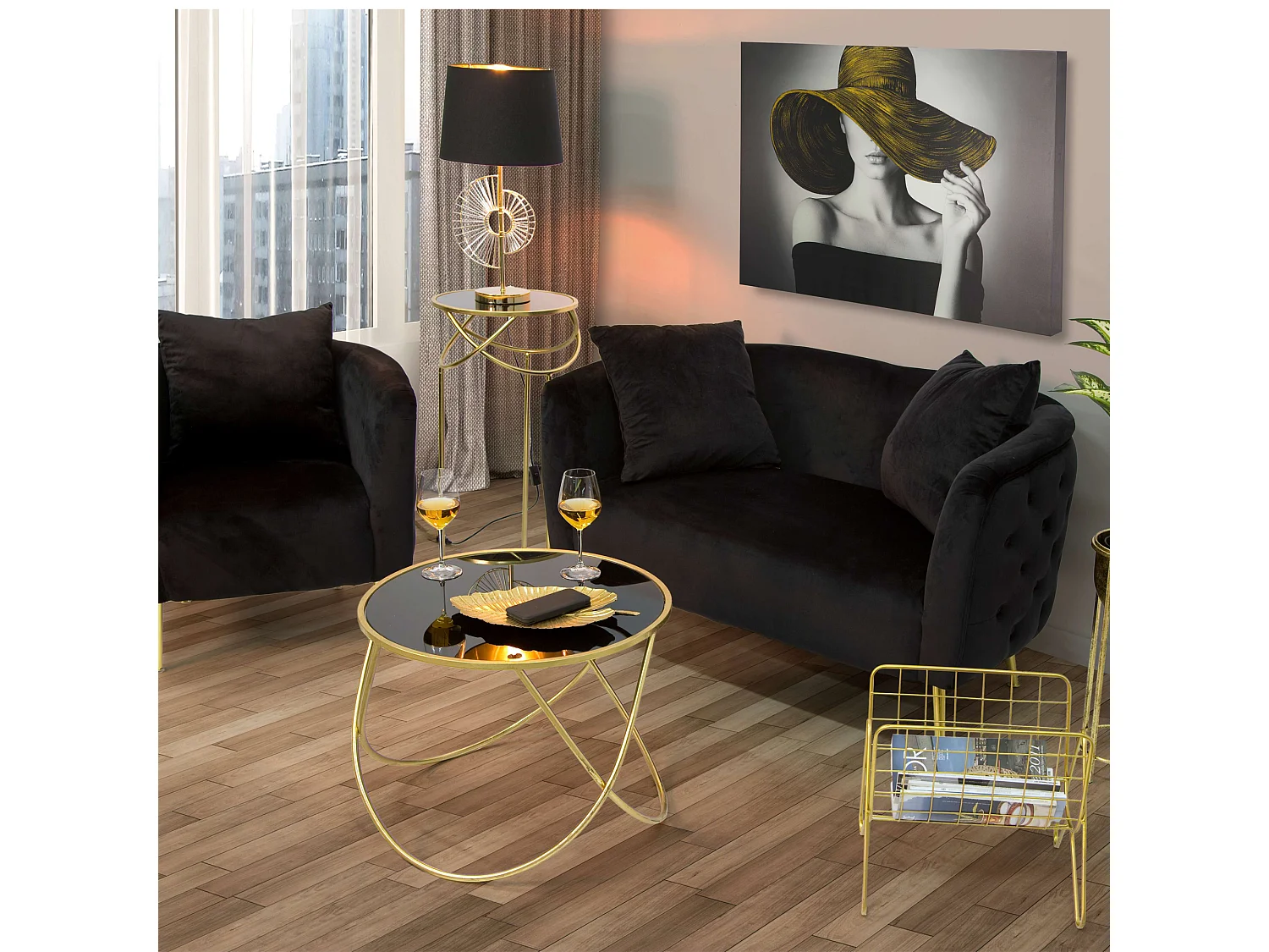 Fauteuil StIves, Revêtement Velours, 76x74x71h cm Noir, Petit Fauteuil, Accoudoirs, Structure Métal