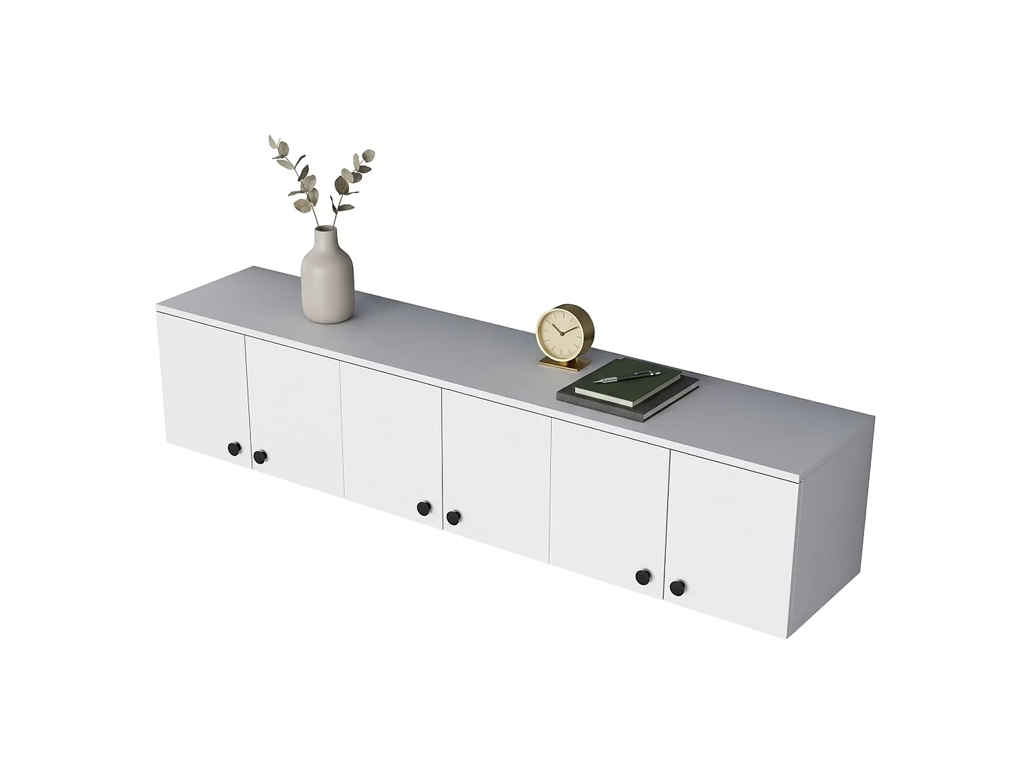 Meuble Suspendu Jelsi, 6 Portes, 180x44h cm Blanc, 3 Compartiments, Ouverture Battante