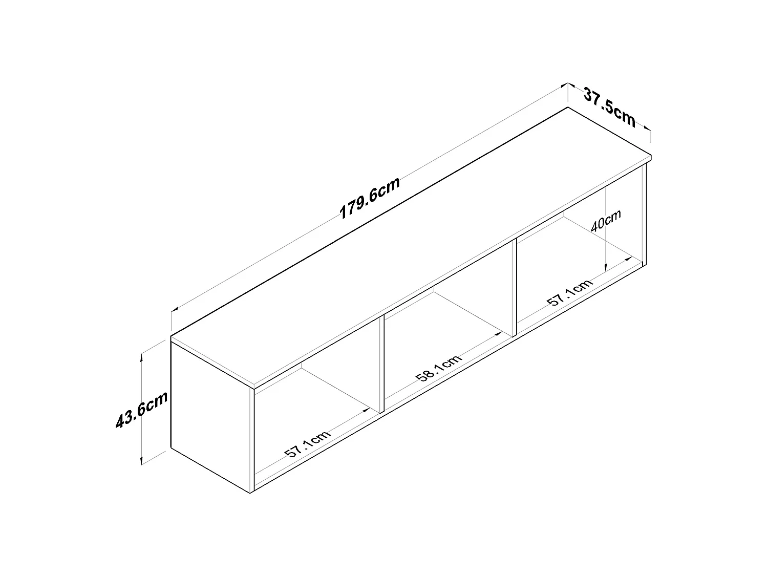 Meuble Suspendu Jelsi, 6 Portes, 180x44h cm Blanc, 3 Compartiments, Ouverture Battante